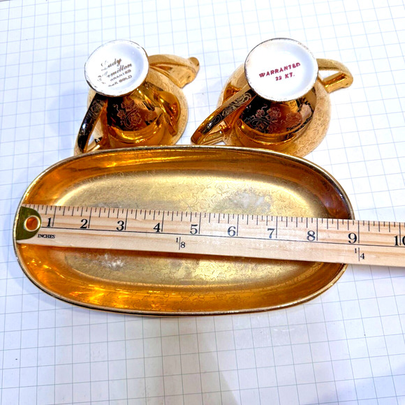 VTG MCM Lady Hamilton 22k Warranted Gold Cup Pair Floral Etching w Saucer Set - Picture 2 of 16